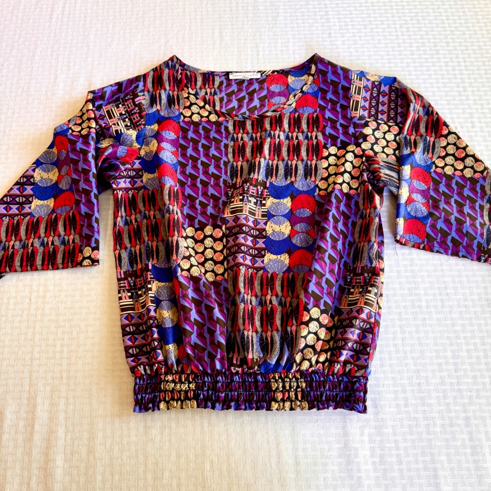 Annalee + Hope Geometric Print Smocked Hem Blouse Purple Blue Red Large Made USA